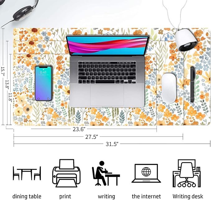 Flower Large Mouse Pad, Floral Desk Matt for Desktop, PU Leather Waterproof Desk Pad, Computer PC Laptop Protector Gaming Mouse Pads for Women Office Decor (27.5" x 13.8")