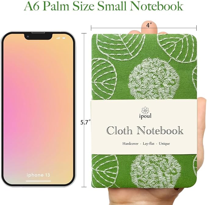 Embroidered Mini Notebook for Girl, Small Fabric Hardcover Journal, A6, 264 Pages, 4x6 Lined Notebook & unlined Sketchbook, Cute Diary, Pocket Notepad Kids Journal, Green Leaf.