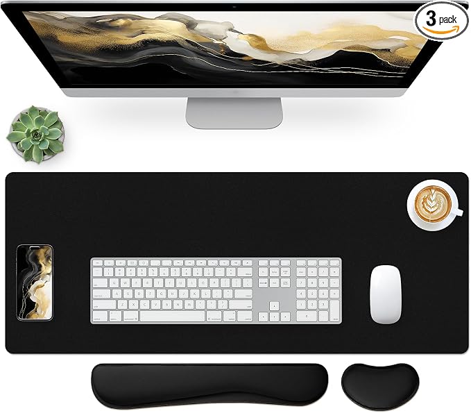 Bloss Leather Desk Pad and Keyboard Wrist Rest, Non-Slip Large Mouse Pad + Keyboard Pad + Mouse Wrist Support, Desk Mat Protector for Office, Home(27.6" x 13.8", Black)