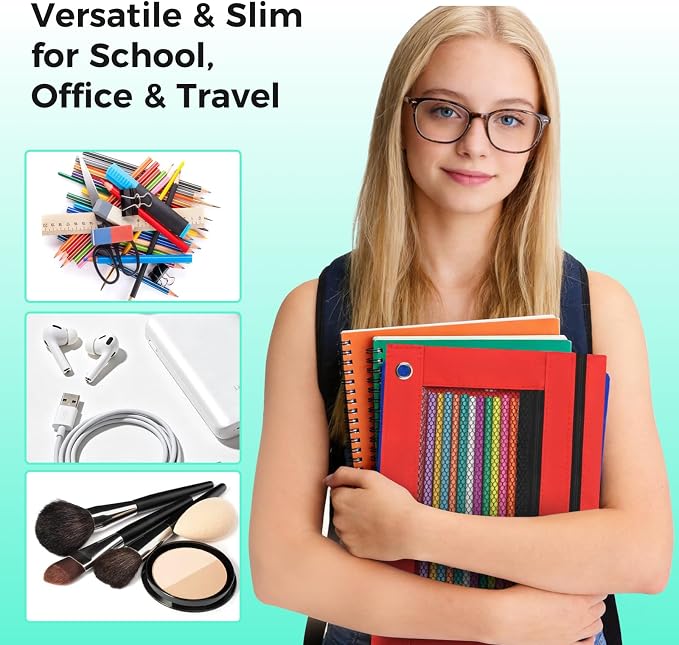 Pencil Pouch for 3 Ring Binder, Pencil Case with Zipper, 600D Fabric Pencil Pouch Bag Holder Accessories, Clear Window Pencil Case Aesthetic Back to School Organizer Pockets for Boy Girl (Red)