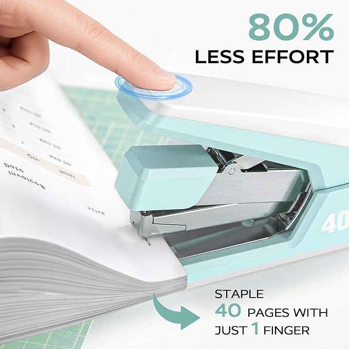 Marsrock Effortless Stapler for Desk with 40-50 Sheet Capacity, 2000 Staples, 1-Touch Stapling, Easy to Load Desktop Staplers, Heavy Duty Stapler, Magnetic Staple Remover, School Supplies, Green