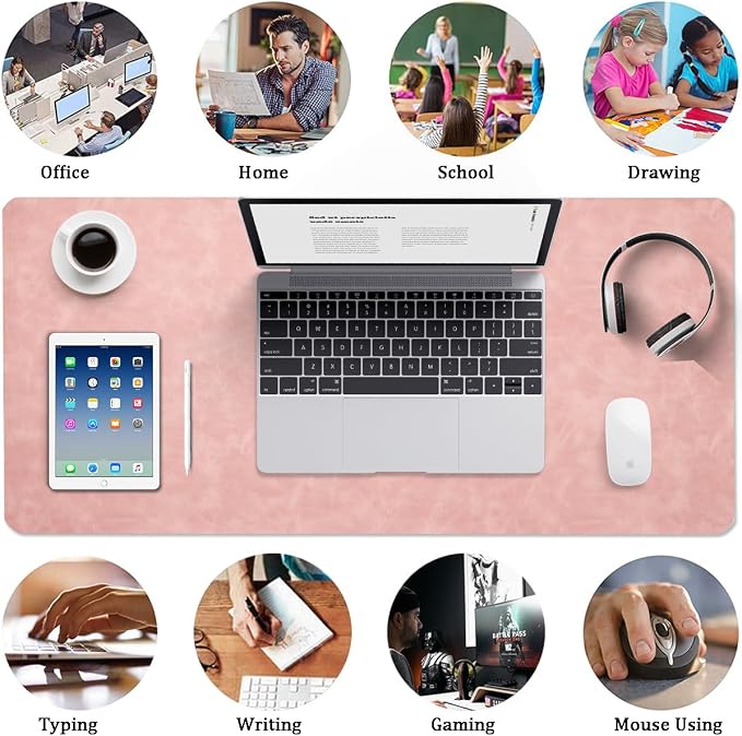 Distressed Leather Desk Mat - Non-Slip PU Leather Desk Pad Protector - Large Waterproof Mouse Pad Computer Keyboard Desk Mat Desk Accessories for Office & Home (Pink, 36"x17")