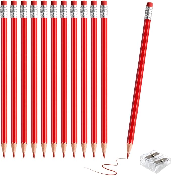 12 PCS Red Pencils with Eraser, Pre-Sharpened HB Pencils for Writing & Drawing, School Supplies for Kids Homework, Tests, Art Crafts & Teacher Grading (Red)