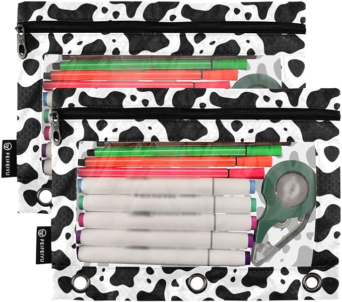 Black and White Cow Spot Print Pencil Pouch for 3 Ring Binder 2 Pack Zipper Binder Pencil Bag with Clear Window Pencil Case for Office Supplies