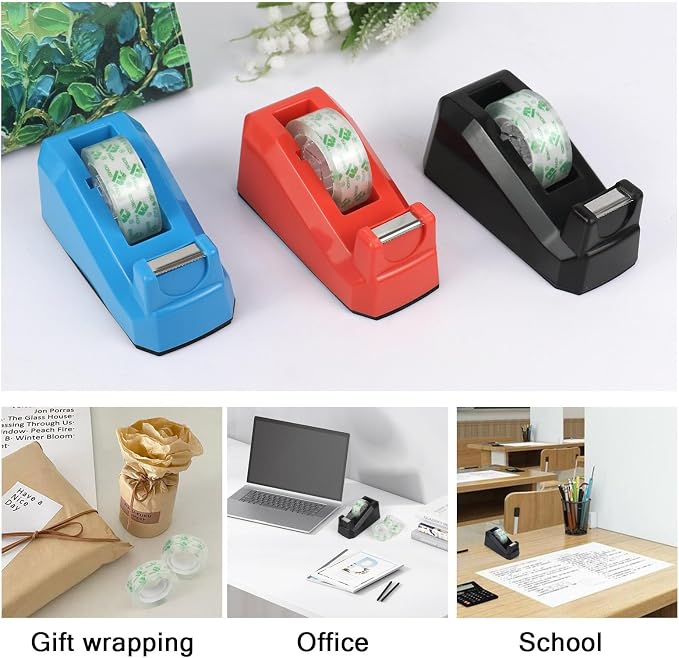 BOMEI PACK Tape Dispensers Desk, 1 Pack Black with 6Rolls Transparent Tape Refills, 1 Inch Core, for Gift Wrapping, School, Office and Home