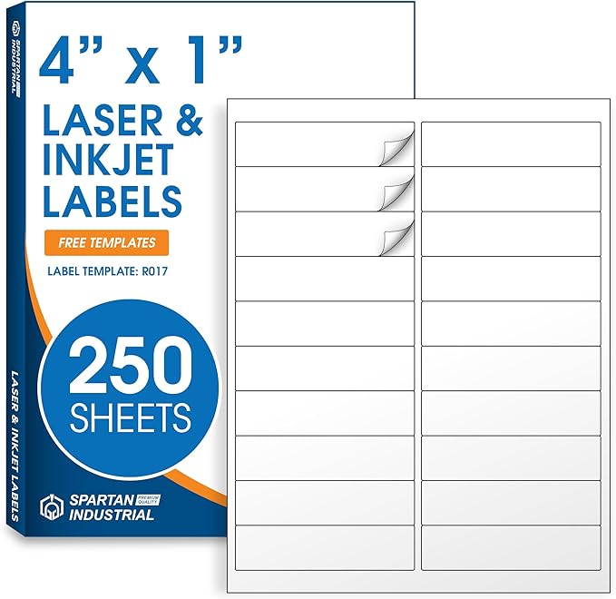 4" X 1" Matte White Printable Address Labels (250 Sheets, 5000 Stickers) Mailing Labels for Envelopes, File Folder Stickers for Laser & Inkjet Printers - Spartan Industrial Template R017