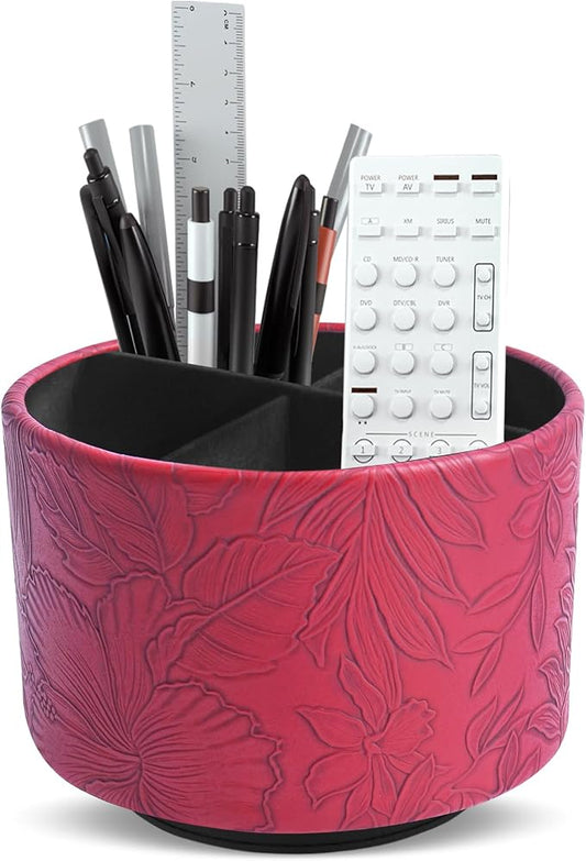 Round Leather Art Supply Organizer,Remote Control Holder,360 Degree Spinning,Multi-Functional Pencil Holder,4 Compartments Desktop Stationary Organizer(1-Carved Red)