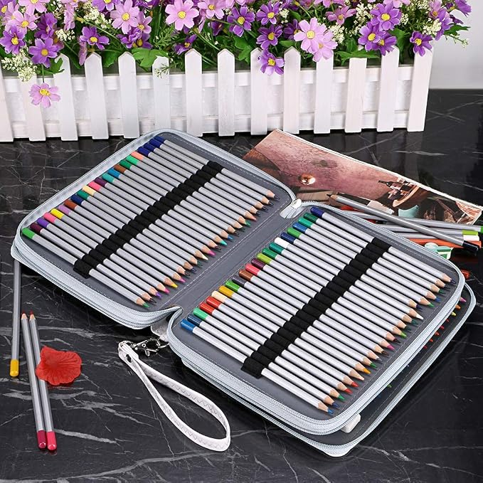 BTSKY Deluxe PU Leather Pencil Case For Colored Pencils - 120 Slot Pencil Holder with Handle Strap Handy Colored Pencil Box Large(White Marble)