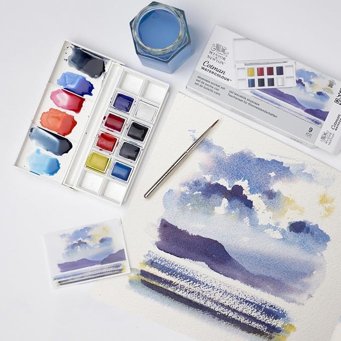 Winsor & Newton Cotman Watercolor Paint Set, 8 Half Pan, Sky Colors w/ Brush