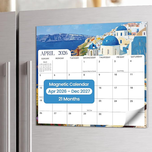 Aesthetic 2026-2027 Magnetic Calendar for Refrigerator, 21-Month Fridge Calendar Magnet from April 2026 to December 2027, Easy Organizing, European Landscape