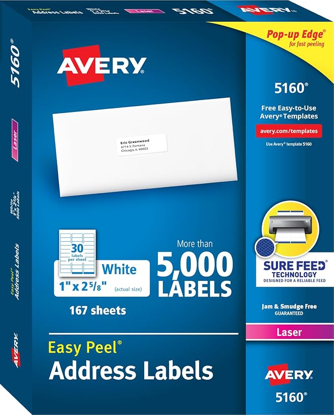 Avery Labels Easy Peel Printable Address Labels with Sure Feed, 1" x 2-5/8" Customizable Stickers, 5,010 White Blank Mailing Labels, Great for Mailing, Shipping, and More (5160) | Customizable Printable Stickers with Sure Feed, White Blank Mailing Labe...