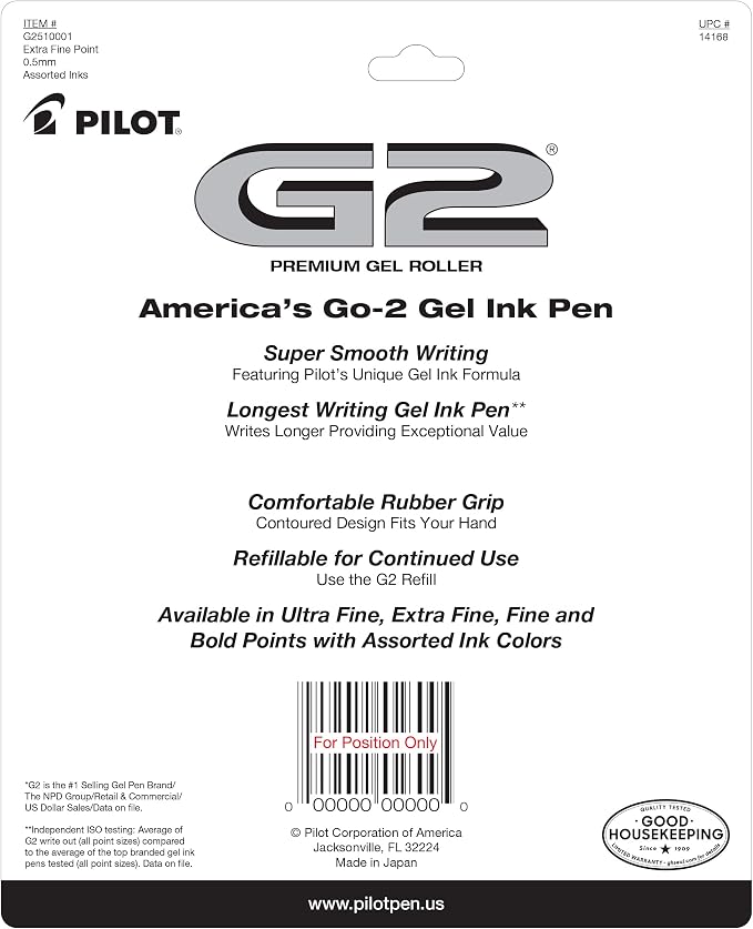 Pilot G2 Premium Retractable Gel-Ink Rolling Ball Pens, Extra Fine Point (0.5mm), Assorted, 10/Pk (14168)