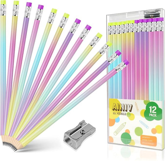 Ainiv Gradient Pencils #2 HB, 12-Piece Macaron Graphite Pencils with Eraser, Perfect for Kids, Adults, School, Office, Wedding Favors