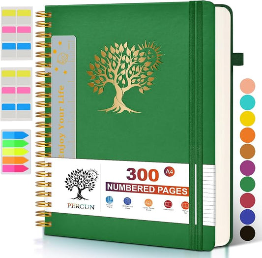 PERCUN Spiral Notebook 300 Numbered Lined Pages Hardcover Journal 8.5"x11" | College Ruled Spiral Bound Notebook with Tabs, A4 Large Leather Journal for Women Men, Work, School, Writing & Note Taking