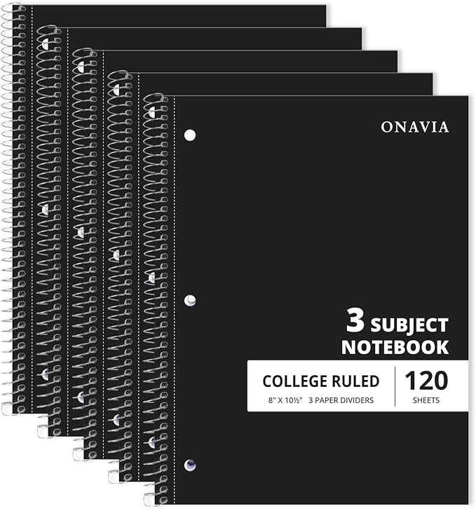 ONAVIA 3 Subject Spiral Notebook College Ruled 5 Pack, 240 Pages, Black | 120 Sheets, 8 x 10.5 in, 3 Dividers, Double-Sided Pockets, School Notebook, Study, Homework, Students