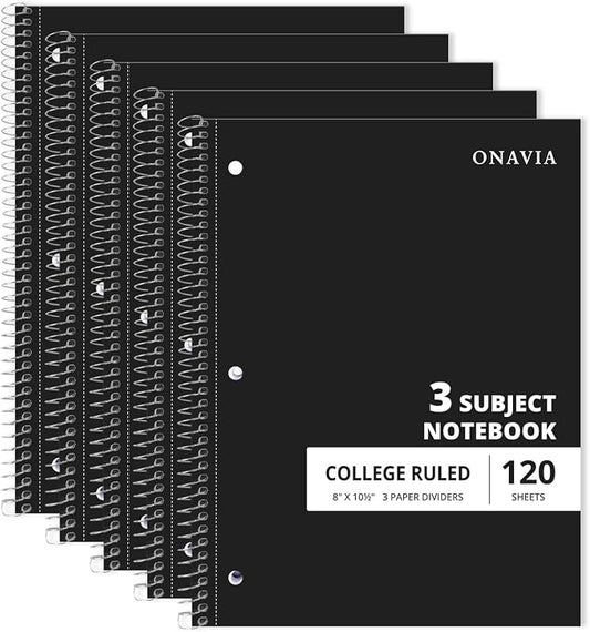 ONAVIA 3 Subject Spiral Notebook College Ruled 5 Pack, 240 Pages, Black | 120 Sheets, 8 x 10.5 in, 3 Dividers, Double-Sided Pockets, School Notebook, Study, Homework, Students