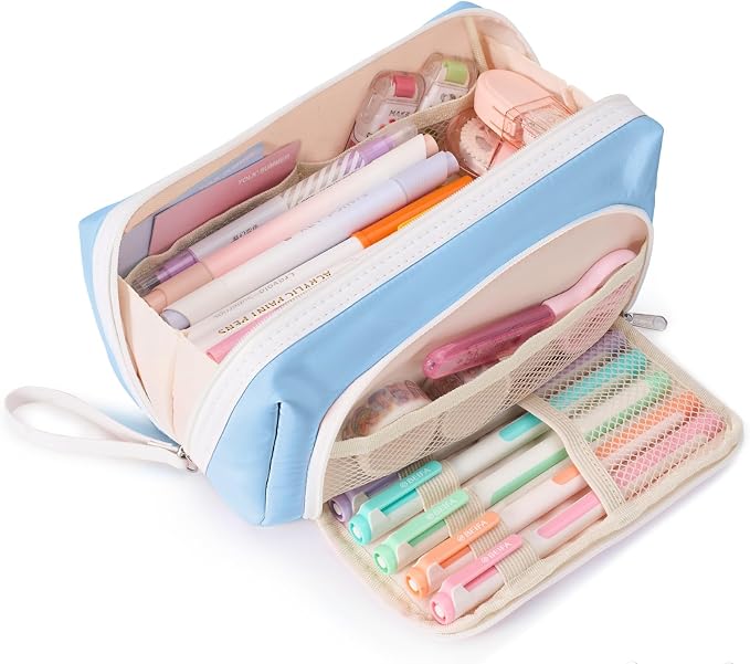Sooez Big Capacity Pencil Case, Extra Large Pencil Pouch with Zipper Pocket | Wide Opening Pencil Bag, Portable Stationery Pouch, Cute School Office Supplies for Teens Girls Adults, Sky Blue