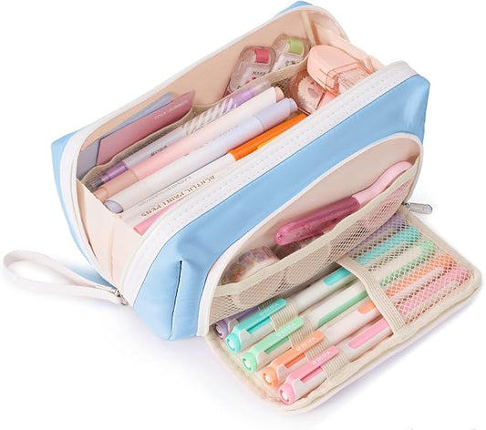 Sooez Big Capacity Pencil Case, Extra Large Pencil Pouch with Zipper Pocket | Wide Opening Pencil Bag, Portable Stationery Pouch, Cute School Office Supplies for Teens Girls Adults, Sky Blue