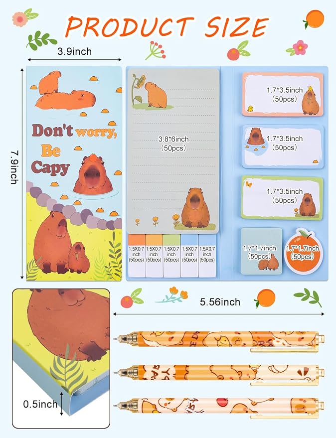 Don't Worry Be Capy Sticky Notes, Capybara Sticky Notes with 3 Ballpoint Pens, Self-Adhesive Writing Memo Pages Post It Note Back to School Office Supplies Small Gift