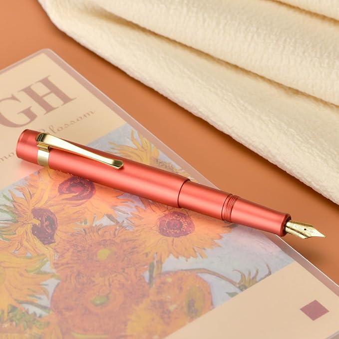 HONG DIAN M2 Black Forest Mini Fountain Pen, Fine Soft Golden Nib & Sleek Shape Aluminium Short Pocket Travel Pen (Orange Red)