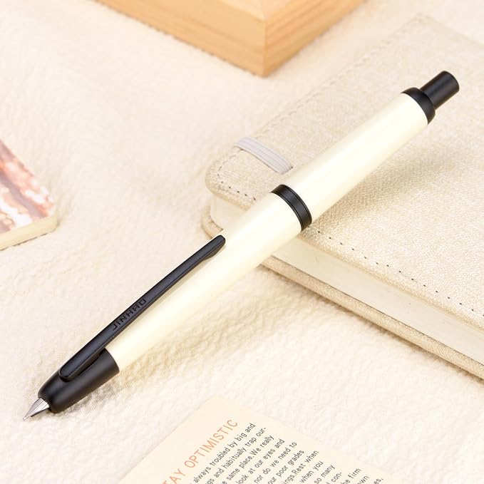 Jinhao 20 Press Fountain Pen, Ivory White Retractable Medium Nib with Ink Converter Set (Black Clip)
