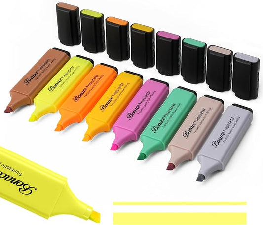 Morandi Highlighters, 8 Assorted Quick-Dry Chisel Tip Marker Pens | Muted Water-Based Colors | Pocket Clip for Studying, Journaling & Office
