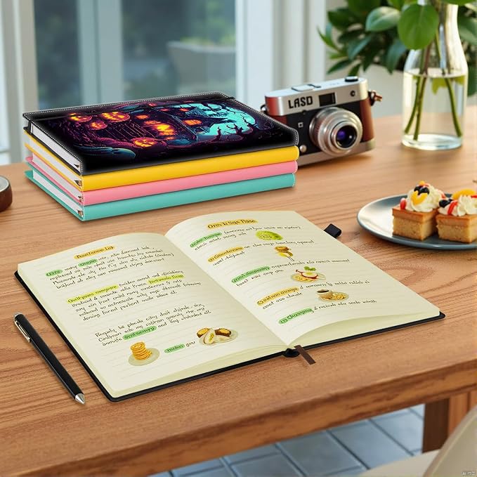 Hardcover Executive Notebooks, A5 PU Leather Lined Journal Notebook, 200 Pages Thick Paper Subject Notebooks for School,Work,Home Writing Business Notebook, Diary Book ，Halloween Pumpkin Cabin