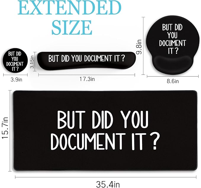 LIMKRIAN Black Mouse Pad Large Desk Mat Set, But Did You Document It Decor | Ergonomic Gel Wrist Rest, Computer Keyboard Mat, Memory Foam Wrist Support, Coaster, Office Desk Accessories Supplies Gifts
