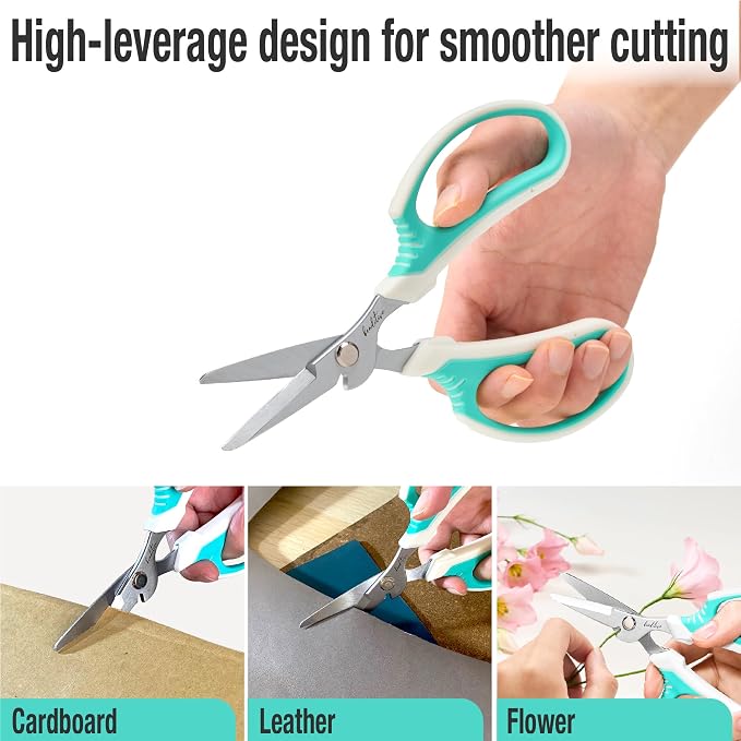 Beaditive Multipurpose Craft Scissors With Wire Cutter - High-Leverage with Sharp Carbon Steel Blades - Ergonomic Sewing Scissors for Heavy Duty Projects - Office, Scrapbook, Leather Scissors