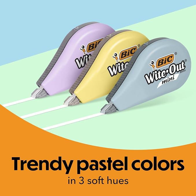 BIC Wite-Out Brand Mini Correction Tape, 19.6 Feet, 6-Count Pack of White Correction Tape, Pastel Body, Fast, Clean and Easy to Use Tear-Resistant Tape