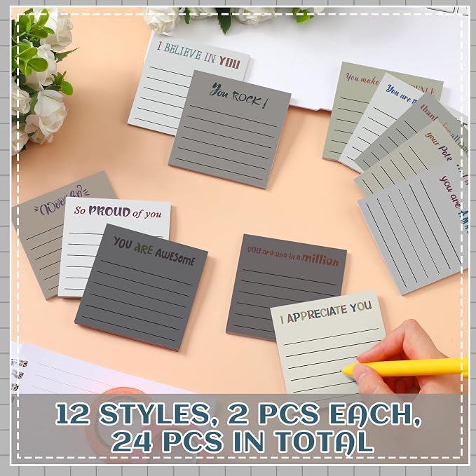 Yinder 24 Pcs Inspirational Sticky Notes, Back to School Supplies, Cute Motivational Sticky Notes Pad Employee Appreciation Gifts Bulk for Teacher Coworker Office 3 x 3'' (Appreciation,Neutral)