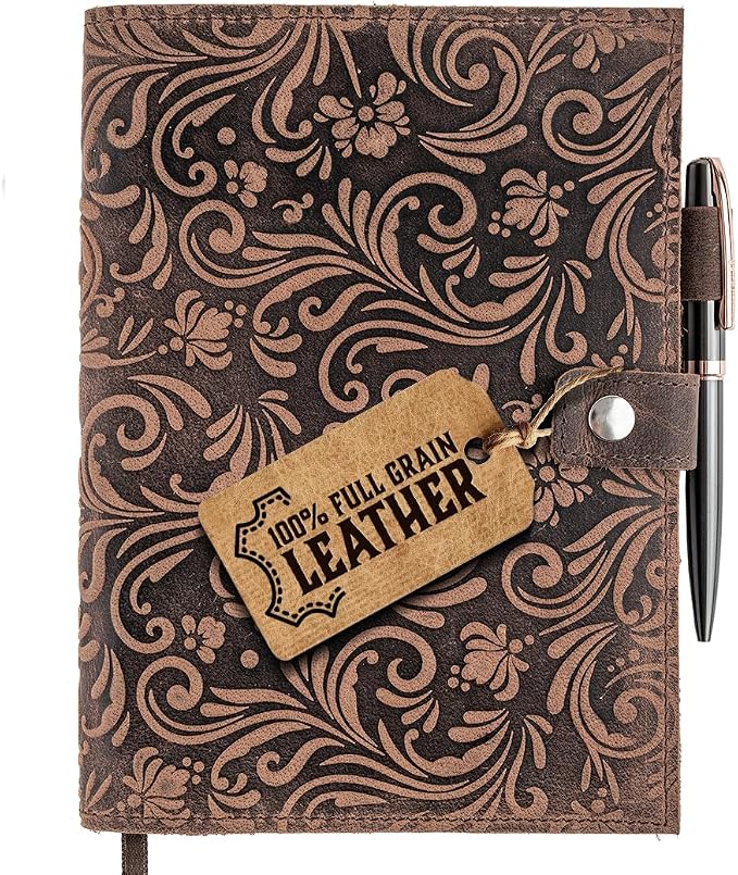 moonster Leather Journals for Women for Writing - Flower Journal, Refillable Leather Bound Journal - Vintage Leather Notebook Journal, 320 Lined Pages A5 with Metallic Grey and Rose Gold Luxury Pen
