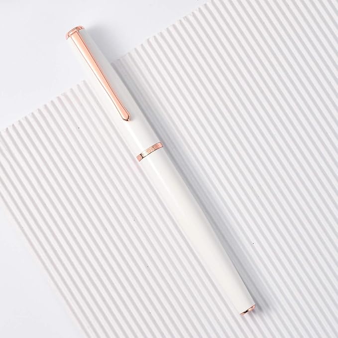 Hongdian 920 White Fountain Pen, Rose Gold Plated Medium Nib Smooth Writing Pen, Classic Pen with Ink Converter