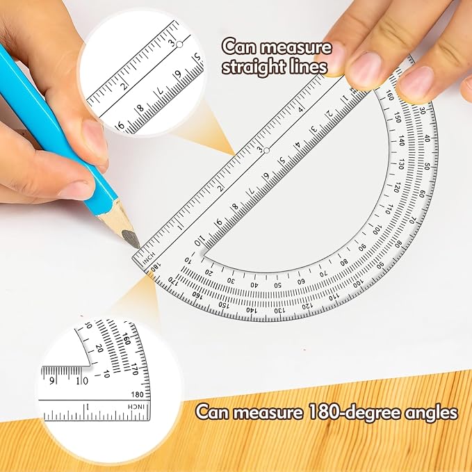 3 Pcs Clear Protractor and Compasses Set, Plastic Clear Ruler 12 Inch | Professional Geometry Set, 6 Inch Protractor ,Durable Transparent Drawing Measuring Rulers for School Office