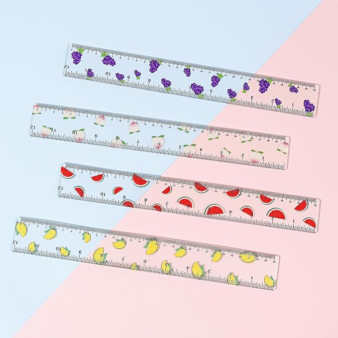BAYTORY 4Pcs Transparent Acrylic Ruler 12 Inch, Plastic Straight Rulers | Shatterproof Student Stationery Centimeters with Inches, for Classroom Essentials School Supplies (Fruit 12 Inch)