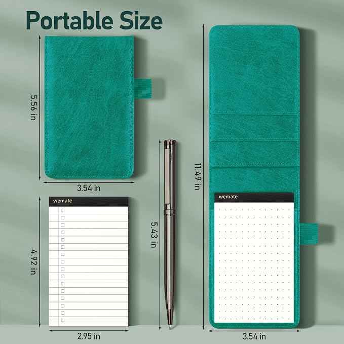 WEMATE 10 Pieces Small Notepad Holder Set Pocket Notebook - Included Mini Pocket Notepad Holder Set with 8 Memo Book Refills and Metal Pen for Meetings, Daily Records, and Notes 3 x 5 Inch (Green) | Pocket Notepad Holder with 8 Memo Book Refills and Me...