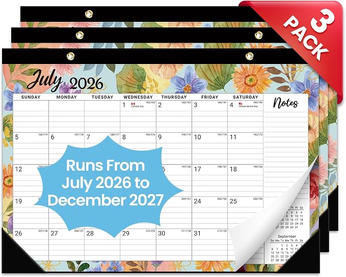 3 Pack of Desk Calendar 2026-2027, 18-Month Calendar Runs from July 2026 to December 2027, Large 17" x 12" Monthly Desktop & Wall Calendar for Home & Office - Botanic Whimsy