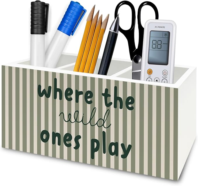 Kids Room Decor Pen Pencil Holder Organizer for Desk, Sage Green Striped Play Room Wooden Box Signs Decorations for Kids Boys Girls Room Bedroom Playroom Desk Tabletop