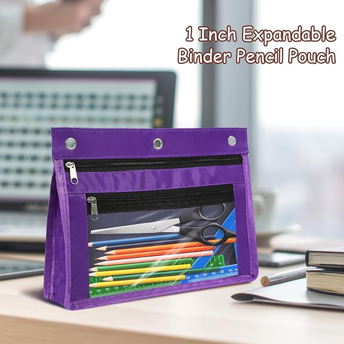 YoeeJob 1 Pack Pencil Pouch for 3 Ring Binder, Expandable Binder Pouches with Zipper, Large Capacity Pen Holder Case with Clear Window School Class Office Organizers, Purple
