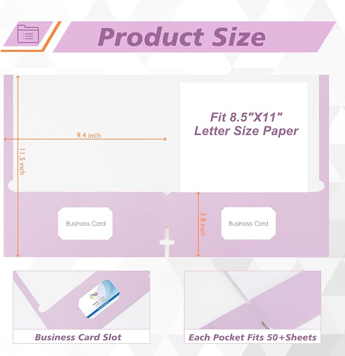 50 Packs Two Pocket Folders,Two Pocket File Folders with Business Card Slot,Purple,Letter Size,Paper Folders with Pockets for School Office Home Business