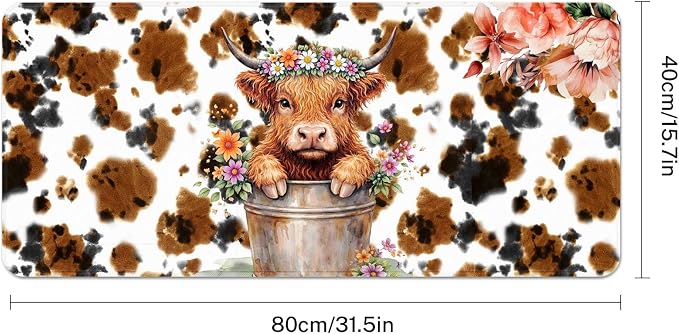Britimes Cute Highland Cow Desk Mat Flowers Cartoon Print Deak Pad Non-Slip PU Leather Large Keyboard Mouse Pad Office Desktop Accessories for Office,Work,Home Decor(31.5"X15.7")