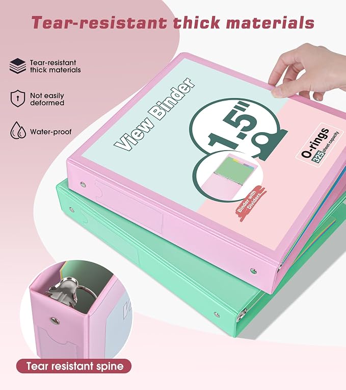3 Ring Binder 1.5 inch，Cute Binder Organizer with 5 Tab Dividers Fits 175 Sheets of 8.5x11 Paper, Customizable Clear Cover with Inside Pockets, Aesthetic 1.5" Three Ring Binders for School Office，Pink