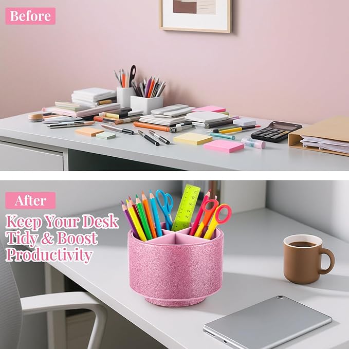 Epakh PU Leather Glitter Pen Holder 360 Degree Spinning Pink Bling Pencil Cup Gift for Teacher Women Girls Makeup Brush Organizer Cup Desk Office Classroom Home Back to School Gift (6 Inch)