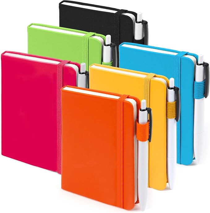 feela Pocket Mini Notebooks Bulk, Small Cute Memo Notepads Hardcover College Ruled Lined Journals with Pen Holder for School Business Work, with 6 Black Pens, 3.5”x 5.5”, 6 Pack, A6, Solid Colors