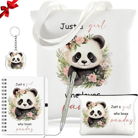 Kinlop 5 Pcs Panda Gifts for Women Include Just a Girl Who Loves Pandas Tote Bag Canvas Cosmetic Bag Coil Notebook Keychain and Ballpoint Pen for Women Girls