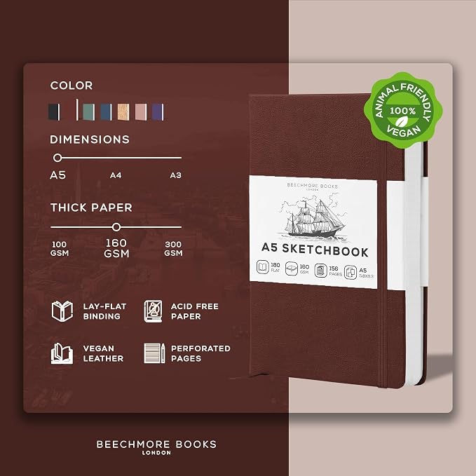 Beechmore Books A5 Mixed Media Sketchbook - 5.8"x8.3" Hardcover Lay-Flat Art Journal, 160 GSM / 98 lb Professional Perforated Paper, Gift Box, for Drawing, Ink and Light Watercolor