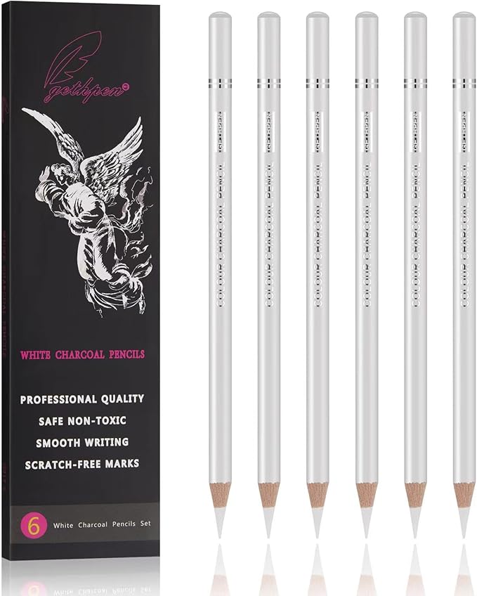 GETHPEN White Charcoal Pencils Set, High-light Sketch Chalk Pencil,6 Pieces | White Charcoal and High-light Sketch Pencils,Drawing, Sketching, Shading, Blending, White Chalk Pencils, Beginners & Artists