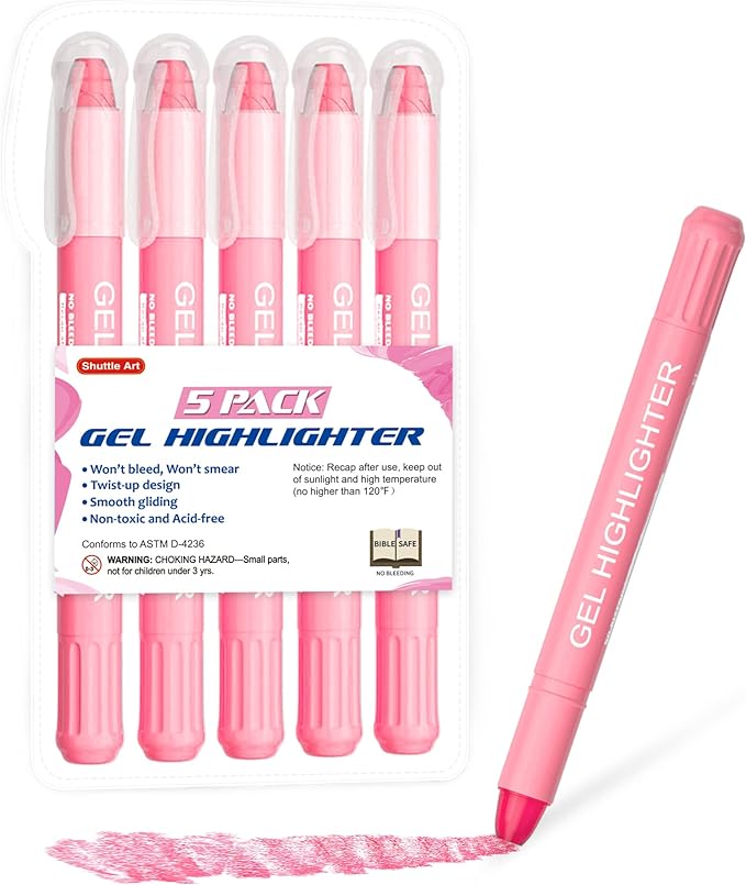 Shuttle Art 5 Pack Pink Gel Highlighters,Bible Highlighters,No Bleed Through, Bible Journaling Supplies,Great for Journaling, Highlighting and Studying