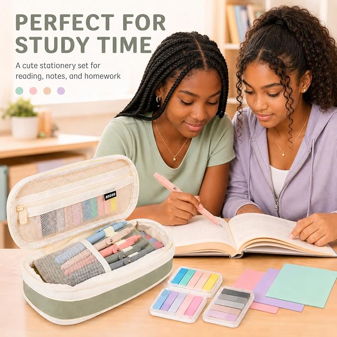 27 Pcs Aesthetic School Supplies Include 12 Pcs Aesthetic Highlighters Bible 1 Ppcs Big apacity Pen Case Bag 5 Pcs Retractable Quick Dry Gel Ink Pens 9 Pads Clear Sticky Tabs for School Office Home