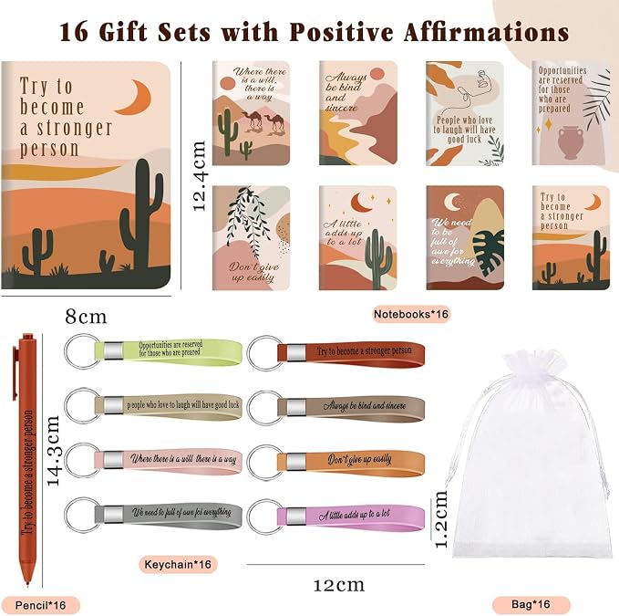 DoubleCare 64 Pcs Motivational Mini Notebooks Bulk Set,16Pcs Motivational Quote Notebooks,16Pcs Ballpoint Pens,16Pcs Keychains,16Pcs Packaging Bags,Thank You Gifts for Teacher Colleagues